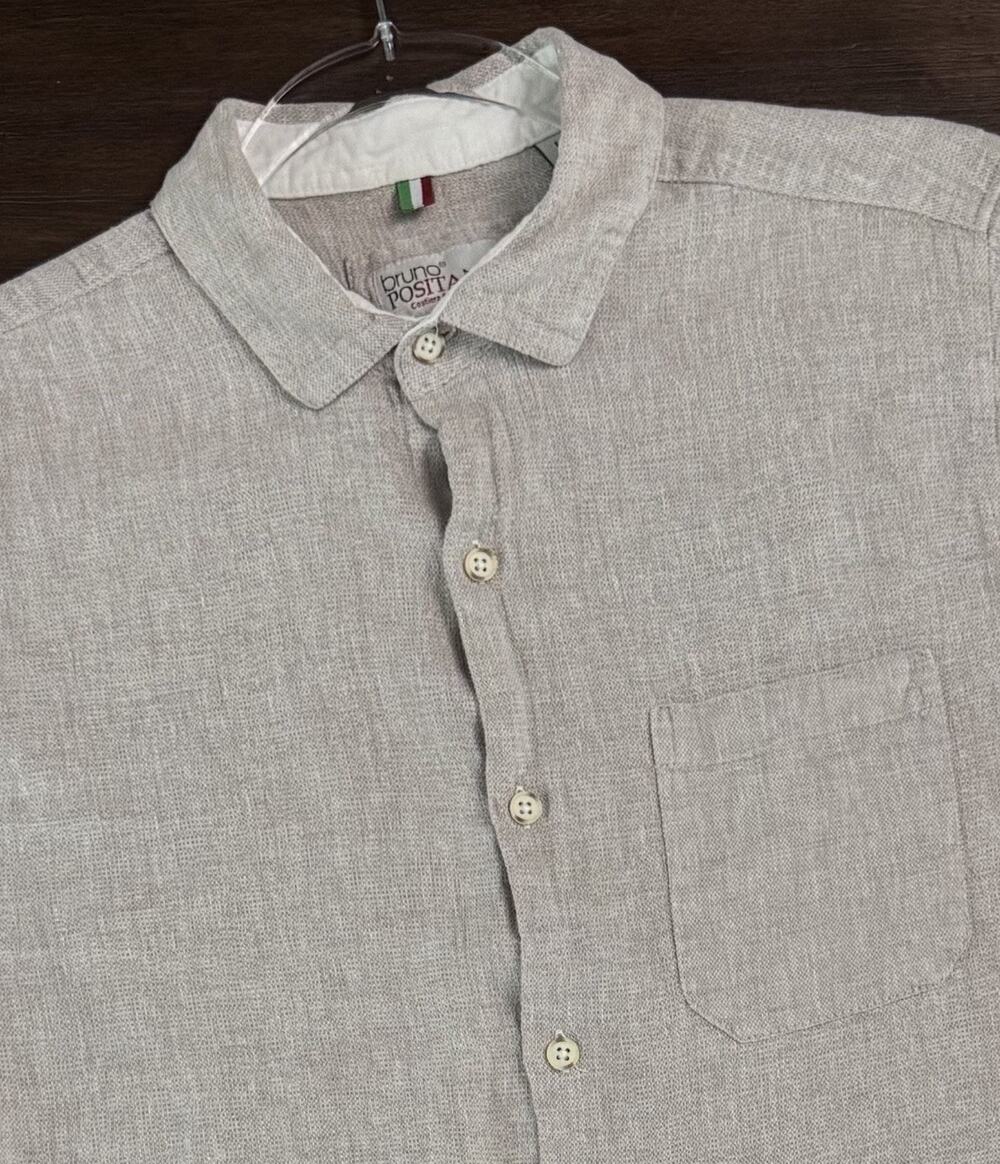 Bruno Postiano Taupe Camp Shirt Men’s Medium Washable Linen Short Sleeve